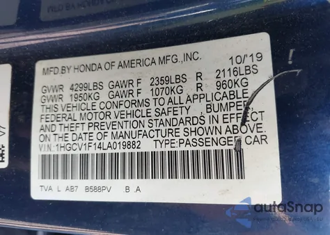 2020 Honda Accord Lx из США, поврежденный, VIN 1HGCV1F14LA019882